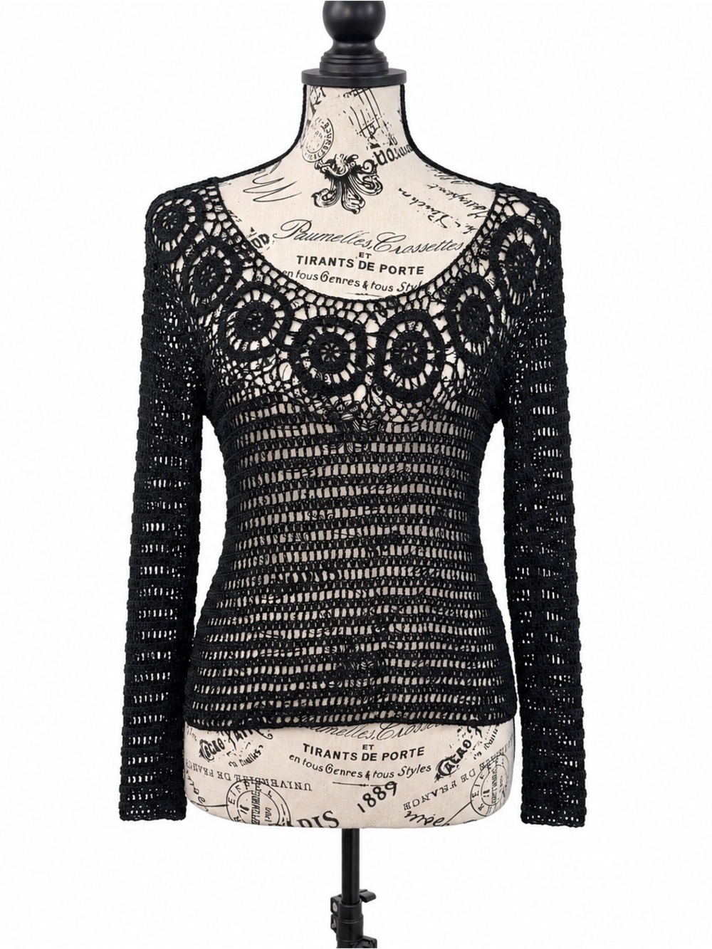 Women's Black Crochet Long-Sleeve Top